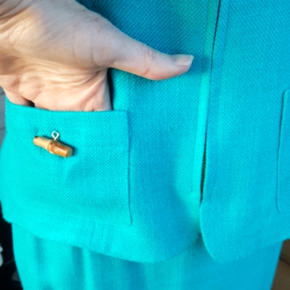 MAGGY LONDON PETITES ♡ Gorgeous Vintage Turquoise 2pc Bamboo Zip Front Suit 2P - Picture 13 of 16